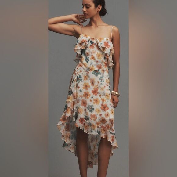 Anthropologie Orange and Cream Ruffled Floral Print Dress - Picture 1 of 8